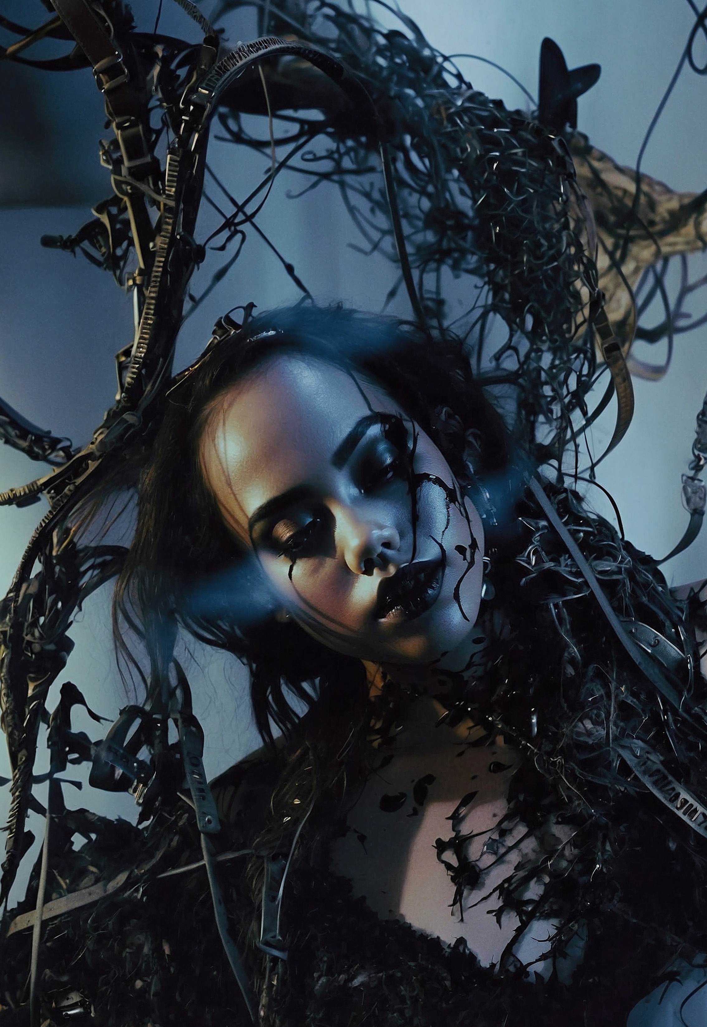 A photo of rEmPiT g0dDe$$. The photo has a blue glow. Her makeup is running from her eyes down her face. Belts and ropes crisscross over her and behind her.